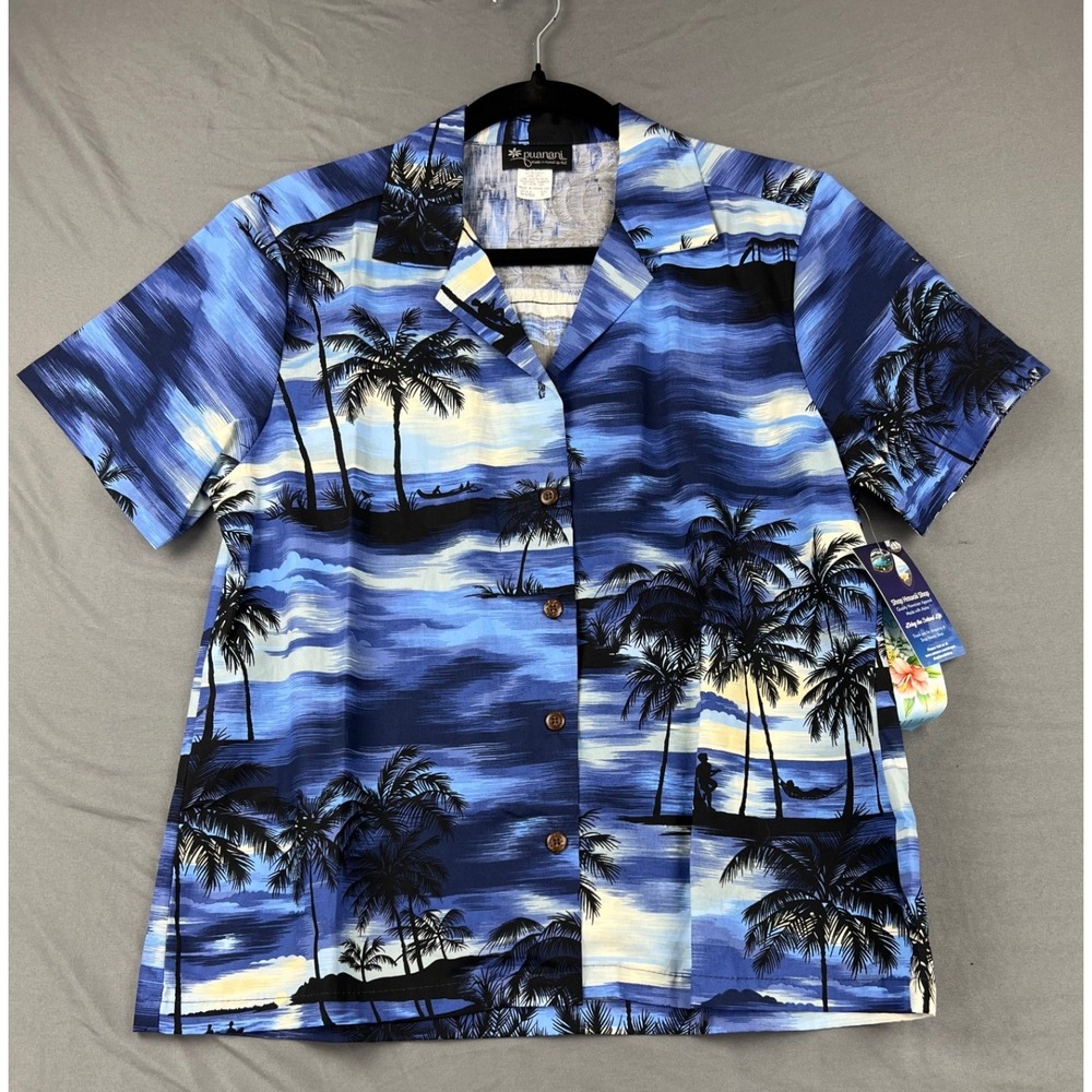 Puanani RJC Hawaii Camp Shirt Womens Small Blue Palm Tree Tropical NWT W415S